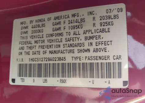 2009 Honda Accord 2.4 Ex из США, поврежденный, VIN 1HGCS12729A023845